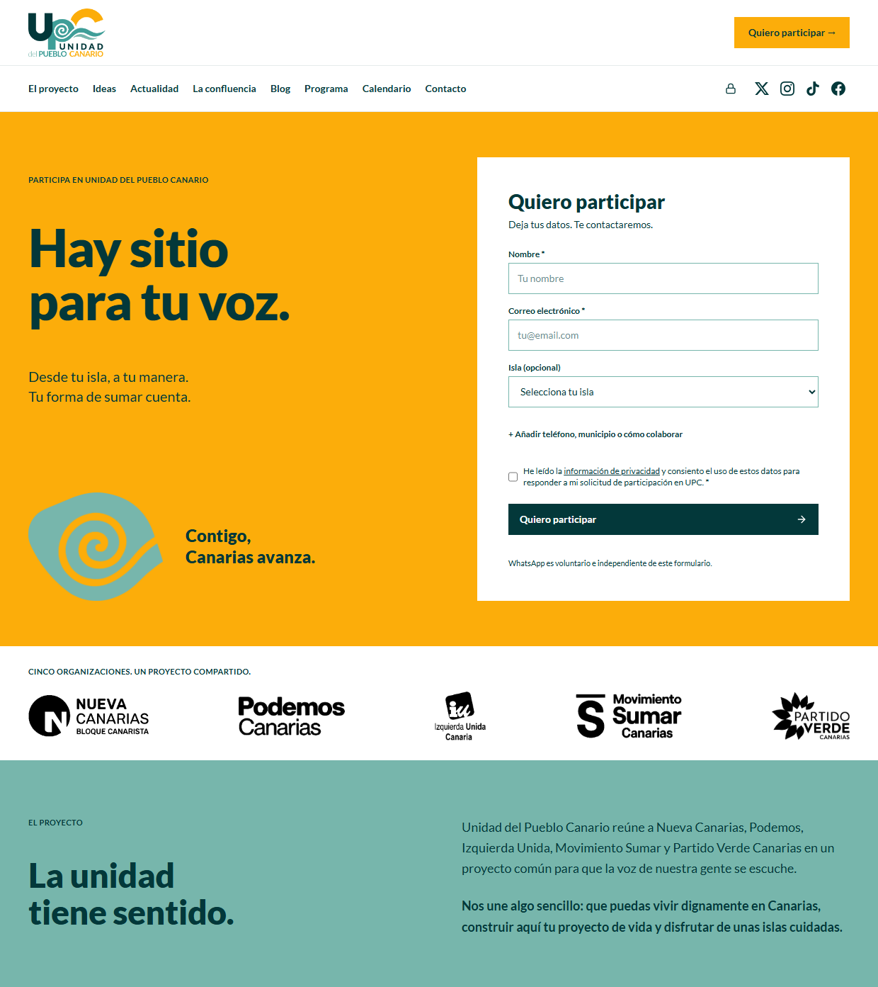 Portada de unidadpueblocanario.org con el lema «Hay sitio para tu voz»