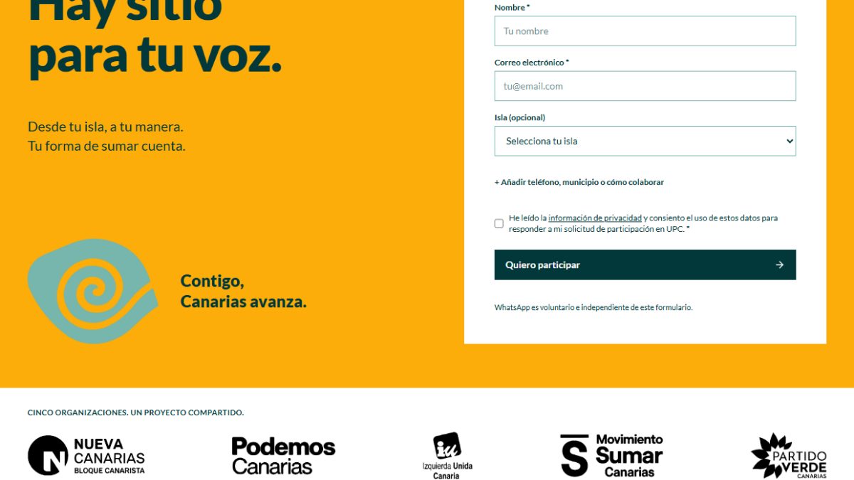 Portada de unidadpueblocanario.org con el lema «Hay sitio para tu voz»